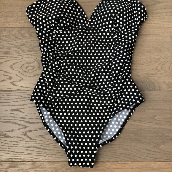 Byron Bay Swim Nylon Spdx V Neck One Piece Polka Dot Swim Suit Blk Wht Sz 8 NWOT - Picture 2 of 12